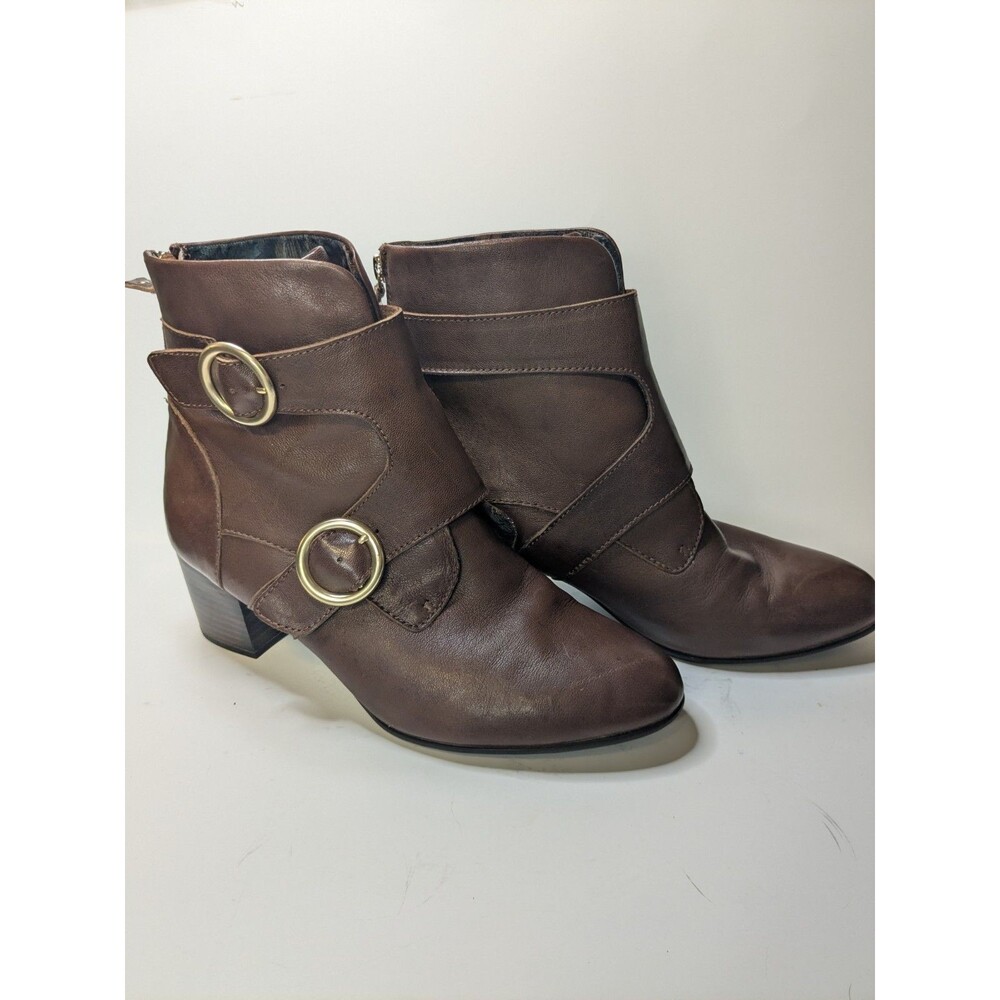 ONO Melker Brown Leather Ankle Boots Women's Size 8.5M Double Buckle Moto Bootie